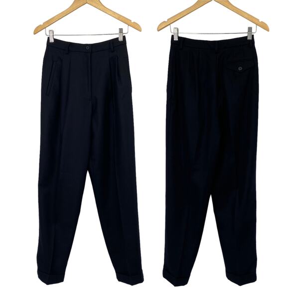 Vintage 90s Casual Corner Pure Wool Pants High Rise Pleated Front Cuffed Black 6 - Picture 1 of 8